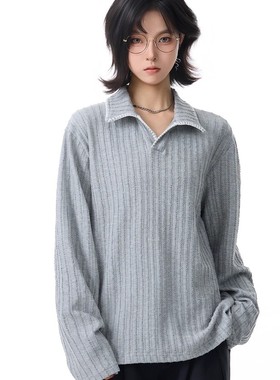 BFLC 美式麦穗纹翻领polo衫长袖T恤男女早秋cleanfit宽松休闲上衣