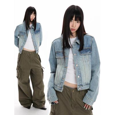 Apocket美式复古水洗磨白高级感牛仔外套男女宽松短款夹克上衣潮