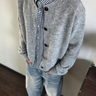 Sellscream美式复古针织开衫羊毛混纺圆领百搭男女休闲小众外套潮