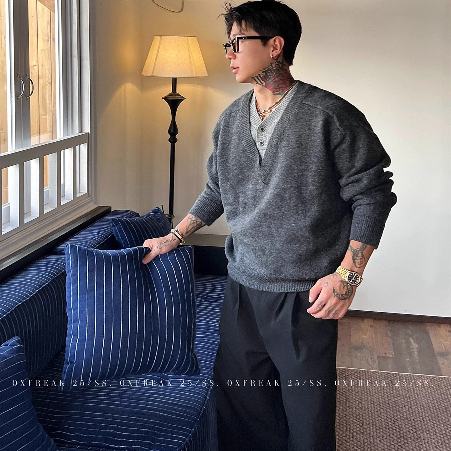 OXFREAK「老钱风 人夫感」row风假两件v领毛衣男高级感套头针织衫