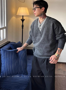 OXFREAK「老钱风 人夫感」row风假两件v领毛衣男高级感套头针织衫