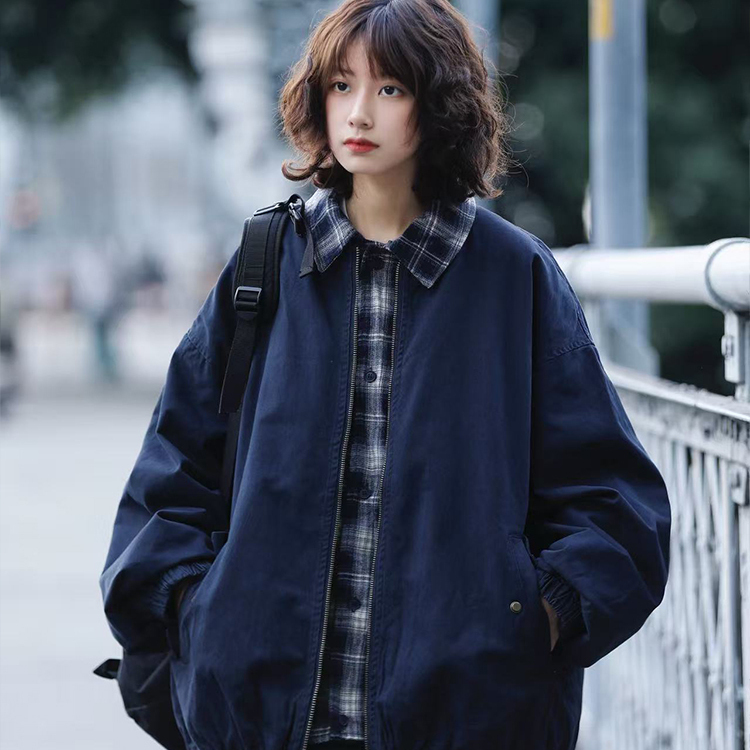 日系复古拼接假两件衬衫工装夹克男女春秋休闲宽松百搭翻领外套