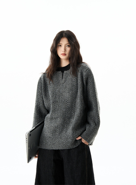 OLEOT美式复古麻花设计感毛衣男慵懒高级感亨利领宽松套头针织衫