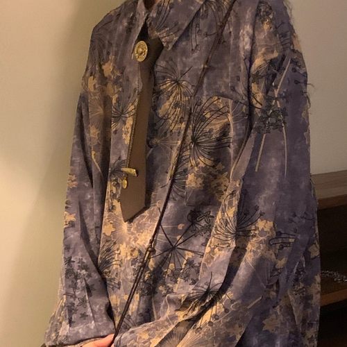 NAGA自制春秋日系复古新中式慵懒蒲公英印花紫色长袖衬衫男女衬衣