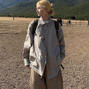 LIFEASAM春秋美式复古格子衬衫男女宽松情侣休闲长袖衬衣潮流上衣