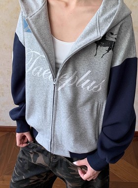 Apocket美式潮牌拼接字母印花连帽开衫卫衣男女同款宽松休闲上衣