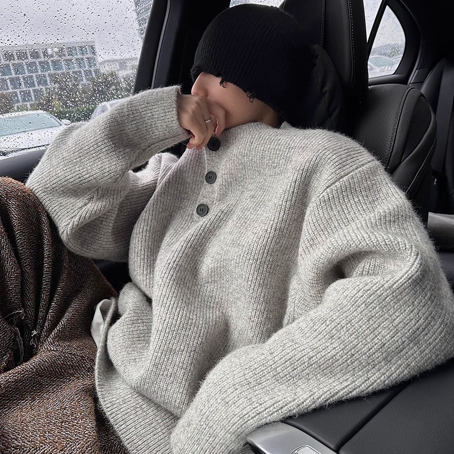 秋冬复古慵懒老钱风重磅加厚宽松外穿内搭亨利领毛衣针织衫男女潮