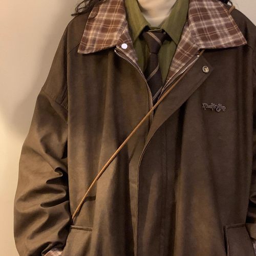 NAGA自制秋季美式复古宽松美拉德格子拼接夹克男女百搭皮衣外套潮