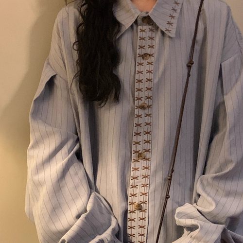 NAGA自制早秋美式复古学院风刺绣长袖条纹衬衫男女宽松设计感上衣