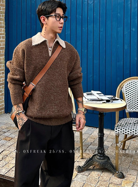OXFREAK「流苏马海毛」老钱风重磅海鸥领毛衣男软糯感翻领针织衫