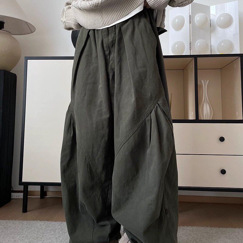 一只小杨24aw日系复古宽松褶皱垂感阔腿裤男女休闲松紧腰工装长裤