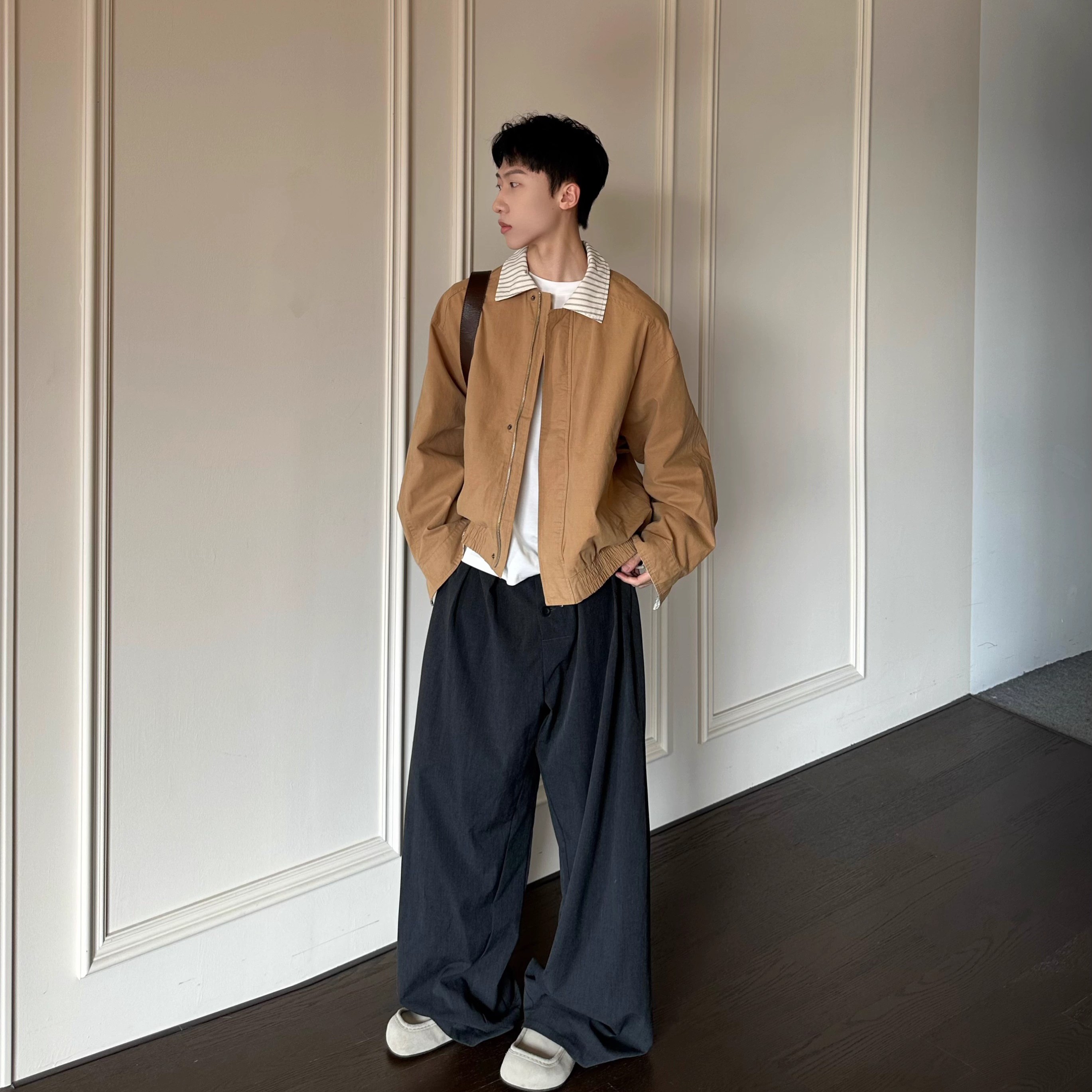 ROOR美式复古卷边条纹翻领工装夹克男女春秋宽松休闲百搭情侣外套