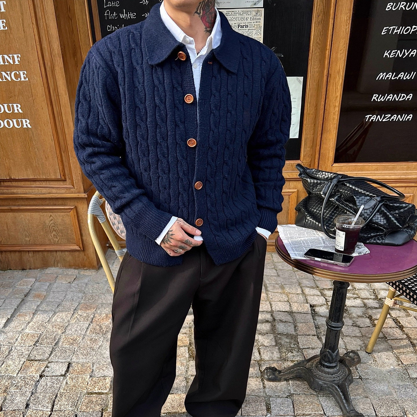 OXFREAK「编织麻花纹理」老钱风藏青色开衫毛衣男秋冬保暖针织衫