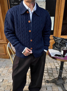 OXFREAK「编织麻花纹理」老钱风藏青色开衫毛衣男秋冬保暖针织衫