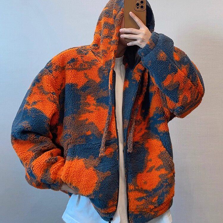 dannyandzee冬季复古痞帅橙色火烧云扎染连帽羊羔毛保暖厚外套男