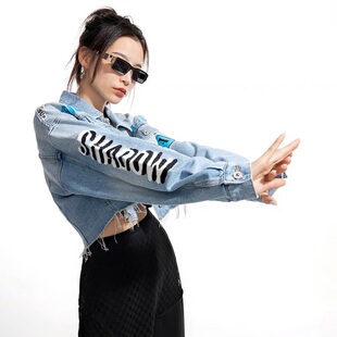 拓谷2023春季新款专柜女美式复古机车牛仔外套短个性印花毛边