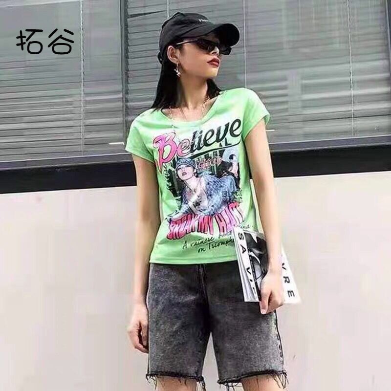 拓谷2025春夏季新款专柜女欧美修身显瘦印花设计感ins上衣短袖t恤