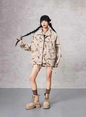 拓谷2025春季专柜女迷彩工装外套宽松美式复古中长款长袖夹克