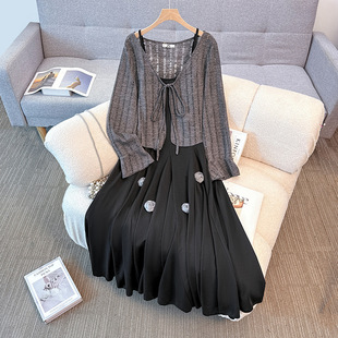胖mm气质复古吊带连衣裙小开衫 女装 套装 春秋季 130 新款 350斤大码