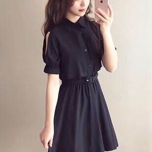 连衣裙女学生韩版2026新款夏季黑色显瘦宽松小个子网红衬衫裙子潮