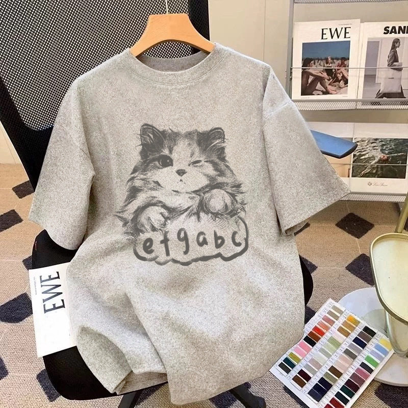 复古灰色猫咪正肩纯棉短袖T恤夏季新款时尚洋气半袖百搭上衣