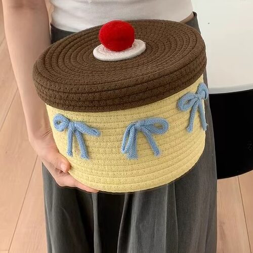 咖啡奶黄卡通零食棉绳带盖收纳篮桌面收纳盒置物筐钥匙杂物收纳