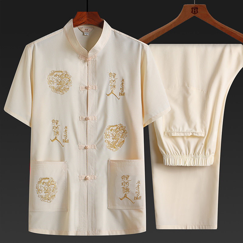 夏季绵绸短袖唐装男中老年人薄款睡衣大码爷爷装中国风棉麻家居服