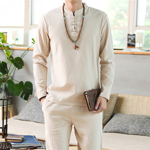 睡衣男大码 纯棉透气薄款 亚麻料中式 套装 家居服 长袖 秋天棉麻爸爸装