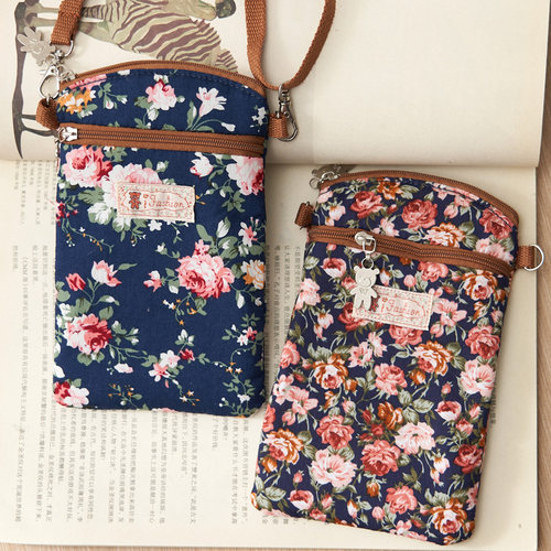 斜挎手拎两用棉布双拉链手机包