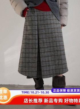 UNITY MODE 格纹羊毛半身裙女冬季复古褶裥A字型显瘦中长裙251507