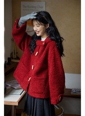 Nov elist什一 红色牛角扣短款连帽大衣秋冬高级感圈圈毛呢外套女