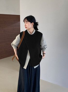 江左 好穿到飞起 不规则设计宽松针织马甲女秋冬别致叠穿背心8979