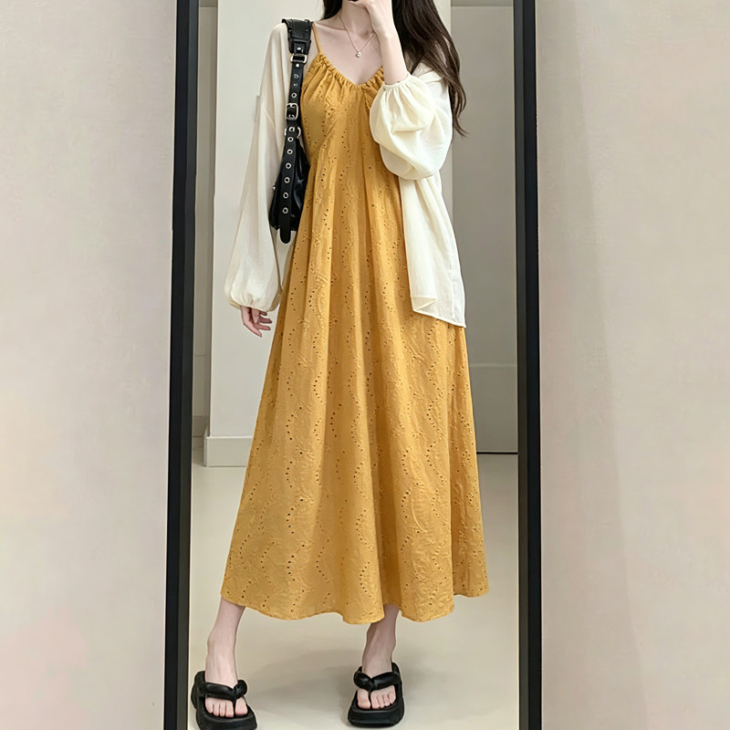 小个子纯欲遮肉显瘦裙子女爆款2026新款高级感长裙黄色吊带连衣裙