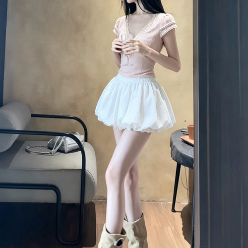 韩系高级感双层花边V领绑带百搭上衣女夏季防走光南瓜花苞裙套装