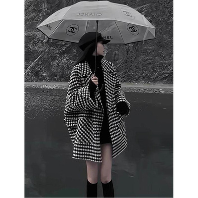 小个子千鸟格中长款呢子外套女2025秋冬新款高级感小香风毛呢大衣