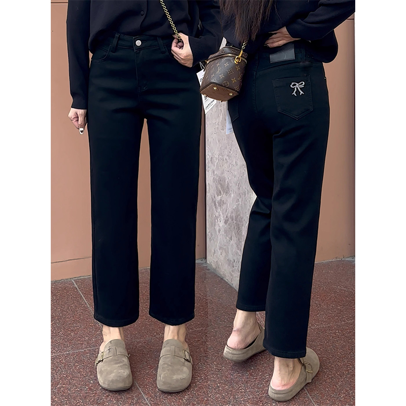 秋冬加绒黑色直筒牛仔裤大码胖妹妹mm梨形身材宽松显瘦弹力九分裤