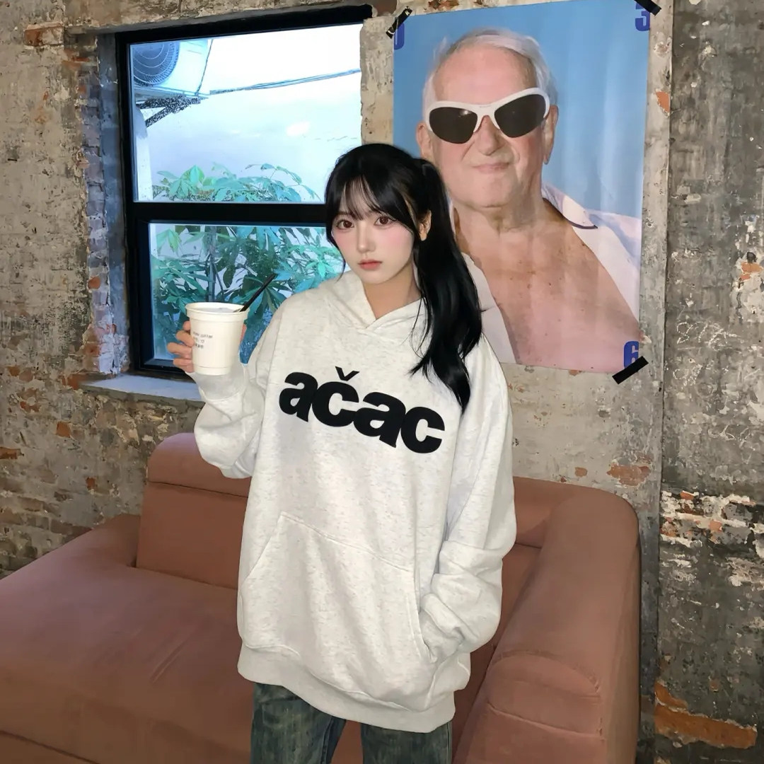 美式刺绣纯棉灰色连帽卫衣女2025新款ootd少女生宽松百搭套头上衣