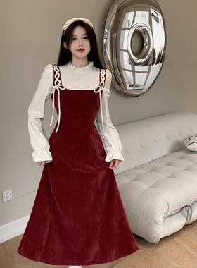 大码红色连衣裙装女早秋巨好看的胖mm高级感灯芯绒假两件背带裙子