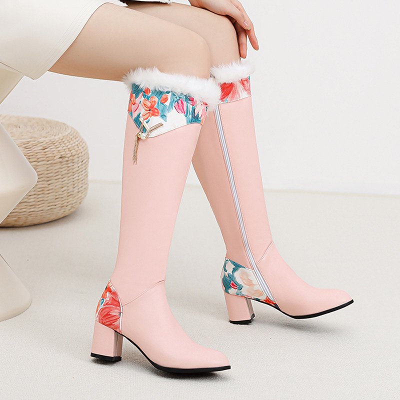 侧拉链甜美高跟鞋高筒靴2023秋冬季新款粗跟女靴子民族风中跟长靴