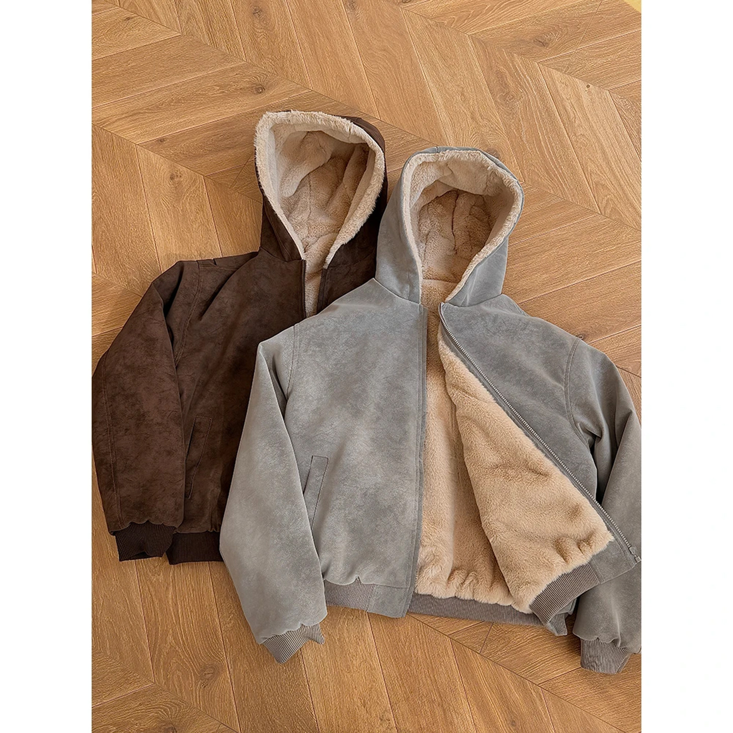 FOG EMMA座山雕PU皮棉服男女冬季复古加绒保暖仿兔毛连帽棉衣外套