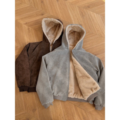 FOG EMMA座山雕PU皮棉服男女冬季复古加绒保暖仿兔毛连帽棉衣外套