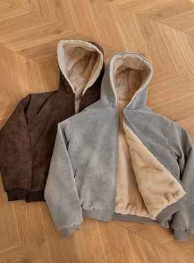 FOG EMMA座山雕PU皮棉服男女冬季复古加绒保暖仿兔毛连帽棉衣外套