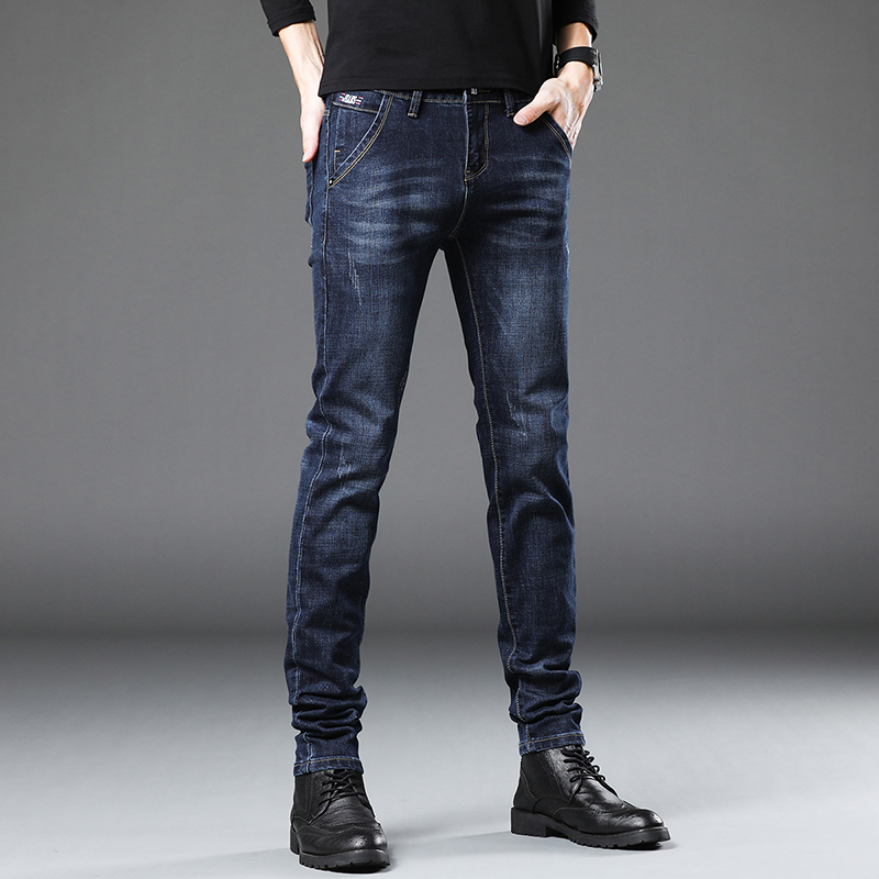 秋季潮流水洗蓝色牛仔裤修身26小码27xs直筒弹力百搭休闲男士长裤