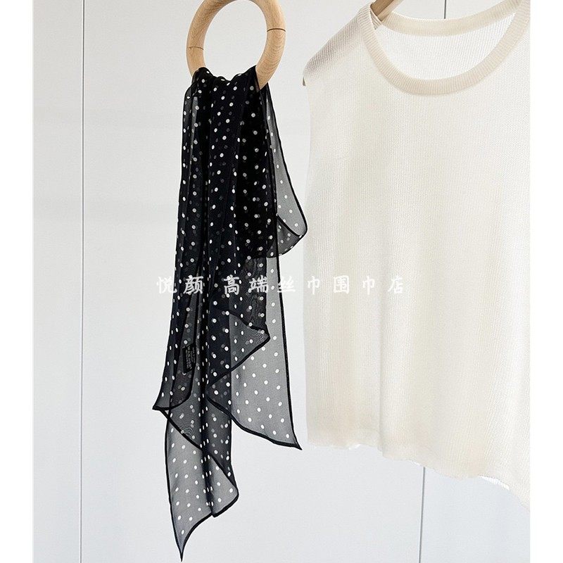 法式赫本波点真丝丝巾小长条女百搭春秋夏窄100%桑蚕丝围巾薄长款
