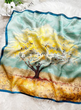 油画银杏树蓝色真丝丝巾女桑蚕丝65cm小方巾春秋百搭夏季薄款2023