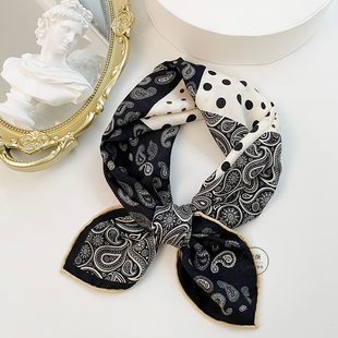 高档黑白蓝双面异色腰果花波点真丝羊毛围巾女丝羊毛小方巾秋冬季