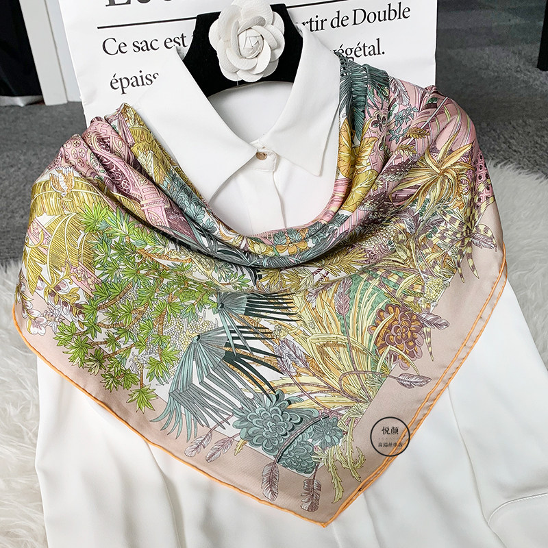 法式复古斜纹真丝丝巾女夏季薄款春秋百搭x90cm大方巾桑蚕丝围巾