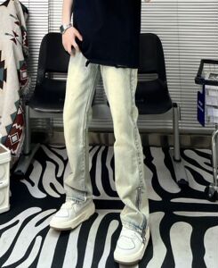 欧美式高街黄泥水洗牛仔裤男款脚拉链百搭休闲宽松显瘦男长裤潮夏