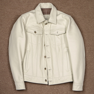 白色头层牛皮507夹克男士牛仔外套修身潮流短款机车秋冬真皮皮衣