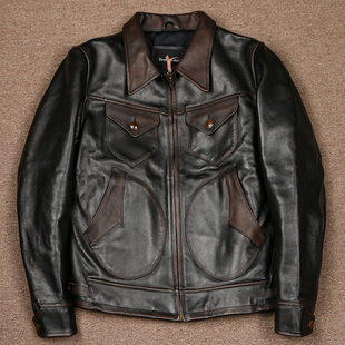 1.8mm马皮门多萨双色水洗复古做旧男士皮夹克翻领农场主外套机车